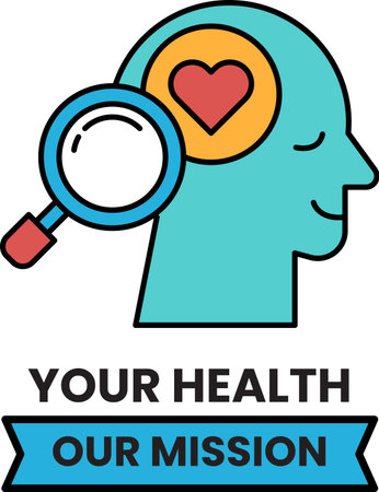A man's head with a magnifying glass on it and a heart in the middle. The text below the image says "Your Health Our Mission"のイラスト素材