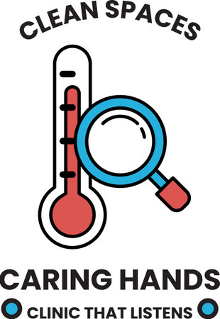 A thermometer and magnifying glass with the words "Caring Hands" written below. Concept of caring for others and listening to their needsのイラスト素材