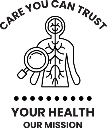 A man with a magnifying glass is on a poster that says "Care You Can Trust Your Health Our Mission"のイラスト素材