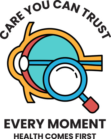 A black and white image of a magnifying glass with the words "care you can trust every moment health comes first" written below itのイラスト素材
