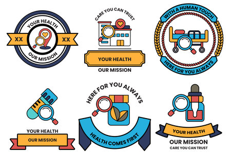 A set of health related badges with a magnifying glass in the middleのイラスト素材