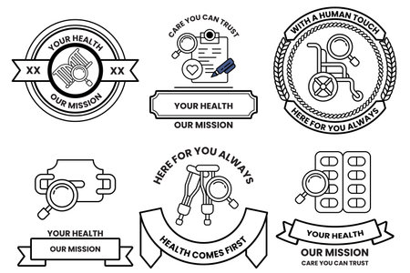 A set of health related badges with a magnifying glass in the middleのイラスト素材