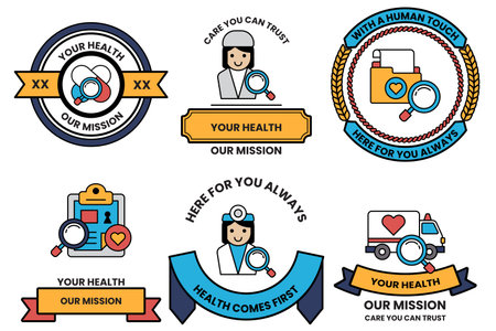 A set of health related badges with a magnifying glass in the middleのイラスト素材