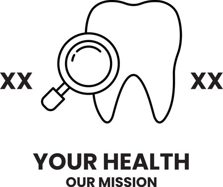 A toothbrush with a magnifying glass on it. The toothbrush is labeled with the words "Your Health Our Mission"のイラスト素材