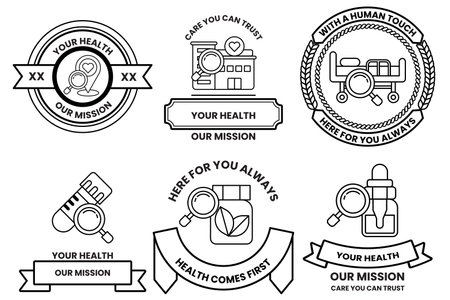 A set of health related badges with a magnifying glass in the middleのイラスト素材