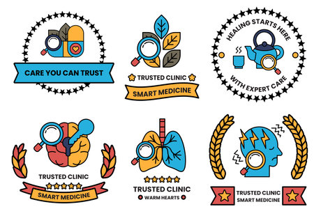 A set of health related badges with a magnifying glass in the middleのイラスト素材