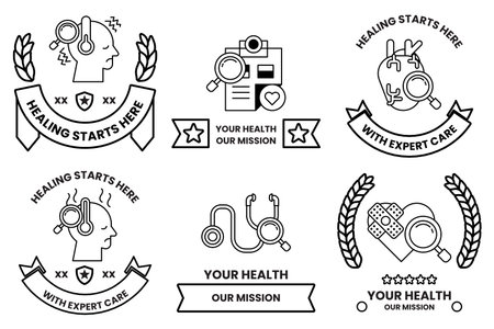 A set of health related badges with a magnifying glass in the middleのイラスト素材