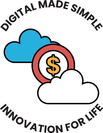 A white circle with a dollar sign in the middle and clouds surrounding it. The circle is labeled "Digital Made Simple" and the dollar sign is labeled "$"のイラスト素材