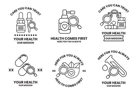 A set of health related badges with a magnifying glass in the middleのイラスト素材