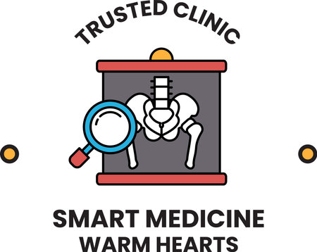 A black and white image of a magnifying glass on a skeleton. The image is titled "Smart Medicine Warming Hearts" and is from the company "Trusted Clinic"のイラスト素材