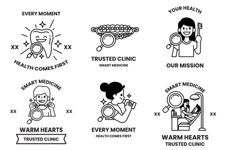 A set of health related badges with a magnifying glass in the middleのイラスト素材