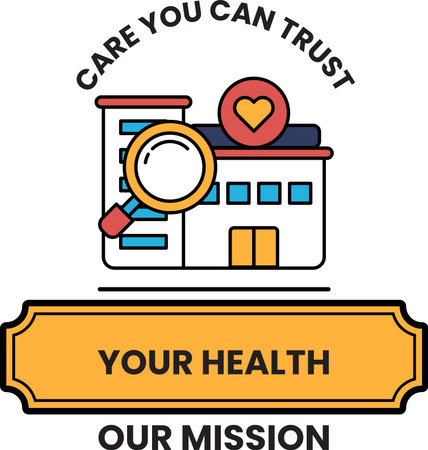 A white and black image of a building with a magnifying glass on it. The image is titled "Your Health Our Mission"のイラスト素材