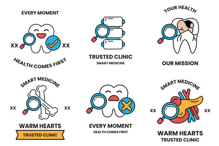 A set of health related badges with a magnifying glass in the middleのイラスト素材