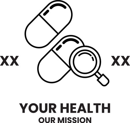 A pill with a magnifying glass on it with the words Your Health Our Mission. The pill is white and the magnifying glass is blackのイラスト素材