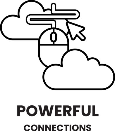 A black and white image of a mouse pointing to a cloud with the words Powerful Connections written below itのイラスト素材