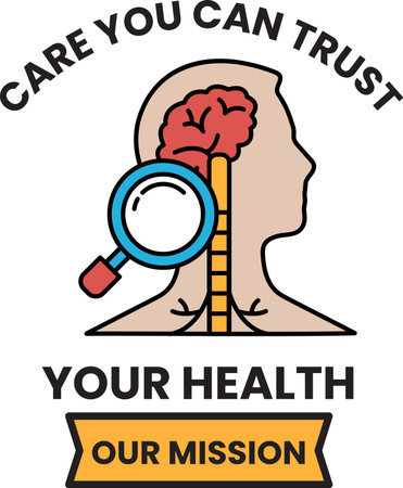 A black and white image of a brain with a magnifying glass over it. The text reads "Care Your Health Our Mission"のイラスト素材