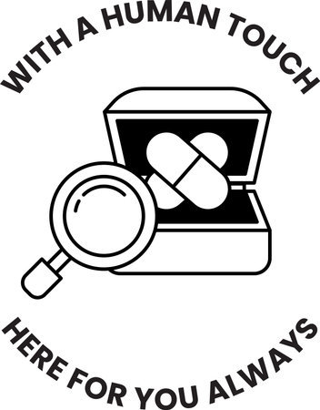 A pill is in a box with a magnifying glass. The box is labeled with the words "with a human touch"のイラスト素材