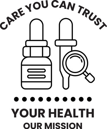 A black and white image of a bottle and a syringe with the words "Care You Can Trust Your Health Our Mission" written belowのイラスト素材