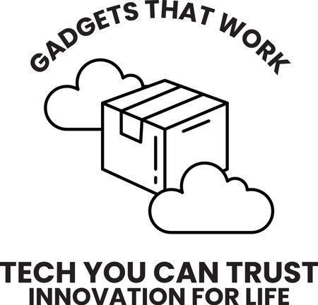 A box with clouds and the words "Gadgets that Work" written on it. The box is white and blackのイラスト素材