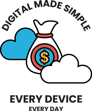 A digital bag with a dollar sign on it. The bag is white and black. The bag is labeled "Digital Made Simple" and "Every Device Every Day"のイラスト素材