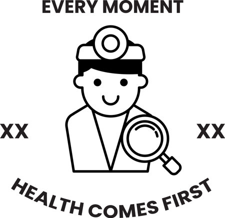 A man in a white lab coat with a magnifying glass is smiling. The image is titled Every moment health comes firstのイラスト素材