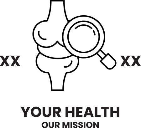 A black and white image of a knee with a magnifying glass over it. The image is titled "Your Health Our Mission"のイラスト素材
