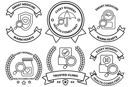 A set of health related badges with a magnifying glass in the middleのイラスト素材