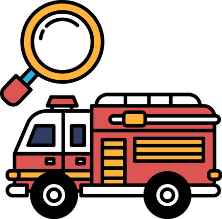 A black and white drawing of a fire truck with a magnifying glass on top. The fire truck is parked...