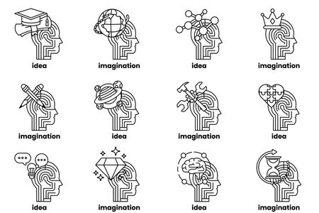 A series of heads with various objects and words written on themのイラスト素材
