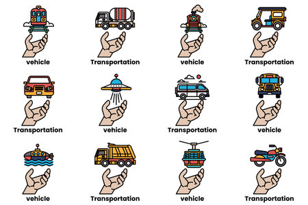 A hand is holding up a set of images of vehicles and transportation. The images include cars, trucks, buses, and motorcyclesのイラスト素材