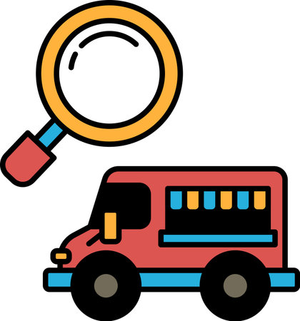 A black and white drawing of a truck with a magnifying glass on top of it. The truck is parked and the magnifying glass is pointing towards it. Concept of curiosity and investigationのイラスト素材
