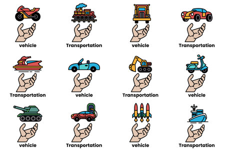 A hand is holding up a collection of images of vehicles and transportation. The images include cars, trucks, motorcycles, boats, and airplanesのイラスト素材