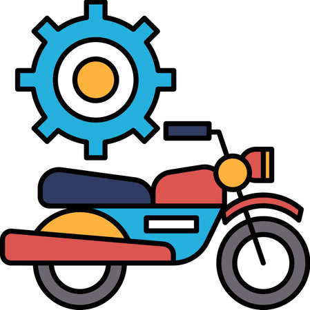 A black and white drawing of a motorcycle with a gear on it. The gear is the main focus of the image, and it is a symbol of the motorcycle's power and potential. Concept of motion and energyのイラスト素材