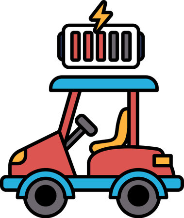 A black and white drawing of a golf cart with a battery on top. The battery is shown as a source of power for the cartのイラスト素材