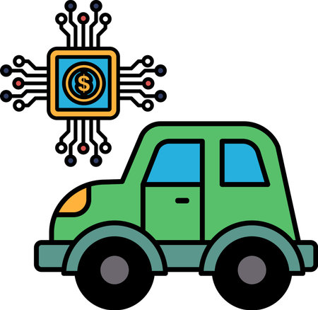 A car with a dollar sign on the hood. The car is surrounded by a lot of technologyのイラスト素材