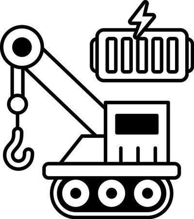 A black and white drawing of a crane lifting a large battery. The crane is holding the battery in its arms, and the battery is surrounded by a black and white outline. Scene is serious and focusedのイラスト素材