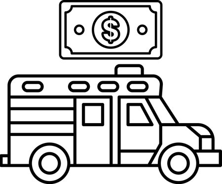 A black and white drawing of a dollar bill on top of a dollar sign. The truck is an ambulanceのイラスト素材