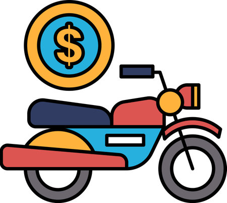 A black and white drawing of a motorcycle with a dollar sign on it. The dollar sign is placed on the front of the motorcycle, and the motorcycle itself is positioned in the middle of the imageのイラスト素材