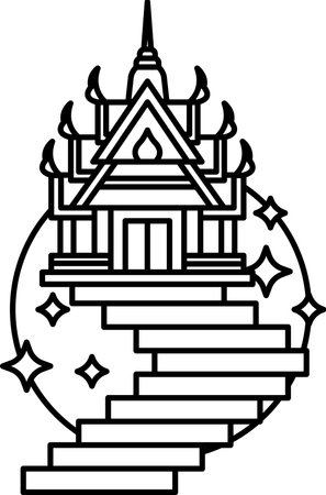 A black and white drawing of a building with a spiral staircase. The building is a temple and the staircase is a symbol of ascending to a higher level of spiritual understandingのイラスト素材