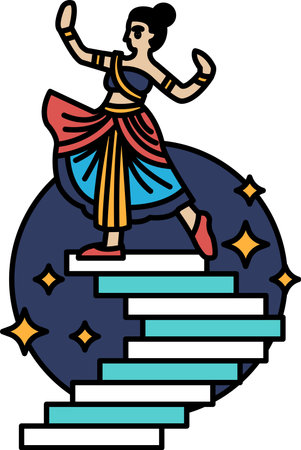 A woman in a skirt is dancing on a staircase. The image has a playful and whimsical mood, as the woman is depicted as if she is dancing on top of a staircaseのイラスト素材