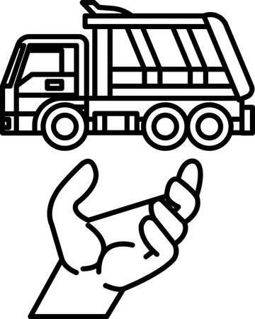 A hand is holding a truck. The hand is holding the truck to show that it is important to be careful when driving a dump truckのイラスト素材
