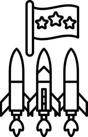 Three rockets are flying in the sky with a flag in the background. The flag has three stars and a star in the middle. The rockets are positioned in a row, with the middle one being the tallestのイラスト素材