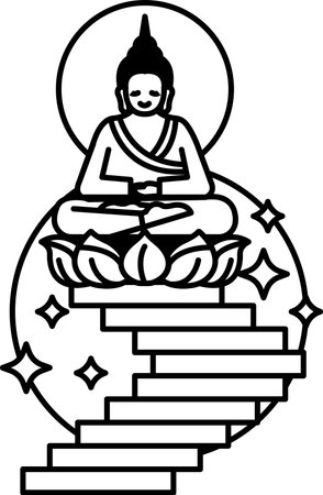 A black and white drawing of a man sitting on a lotus flower. The man is smiling and he is in a peaceful and meditative state. The image is of a Buddhist monkのイラスト素材