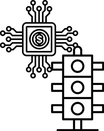 A black and white image of a traffic light with a dollar sign on top of it. The dollar sign is surrounded by a circuit board, which is also black and whiteのイラスト素材