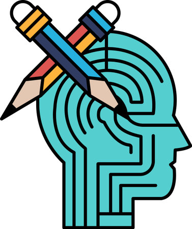 A black and white drawing of a head with a pencil and a pair of scissors. The pencil and scissors are positioned in such a way that they appear to be cutting into the headのイラスト素材