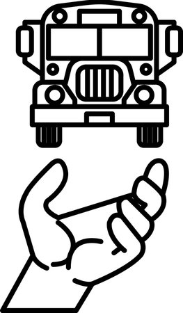 A hand is holding a bus. The bus is black and whiteのイラスト素材