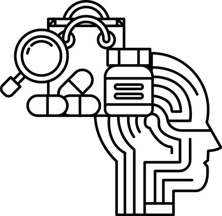 A black and white drawing of a head with a magnifying glass and a shopping bag. The image is meant to convey the idea of searching for somethingのイラスト素材