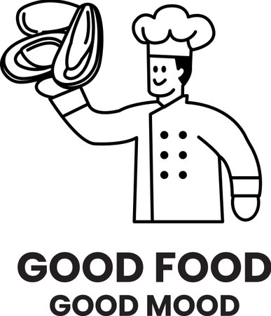 A chef is holding a piece of meat and smiling. The image is titled "Good Food Good Mood"のイラスト素材