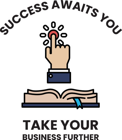 A hand pointing to a book with the words success awaits you. Take your business flipper. The image is about taking control of your business and achieving successのイラスト素材