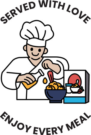 A chef is making a meal and the image is titled "Enjoy every meal". The chef is smiling and he is happy while making the mealのイラスト素材